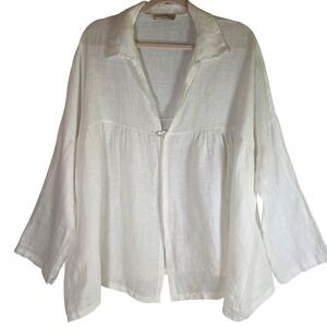 Saga White 100% Linen Single Button Blouse Cardigan Womens OS Oversized Top